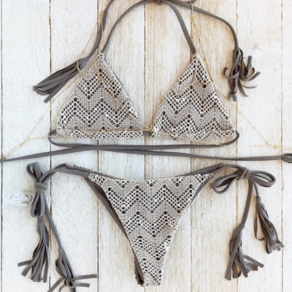 Gray Lace Triangular Bikini Swimwear - Picture 1 of 8